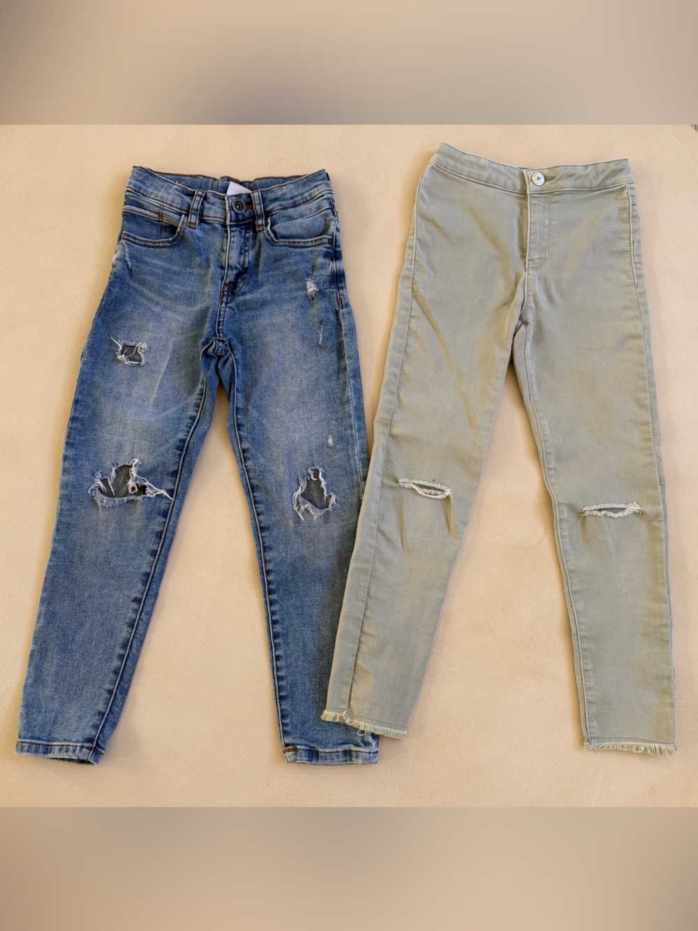 Zara Slim Distressed Blue and Light Olive Skinny Jeans